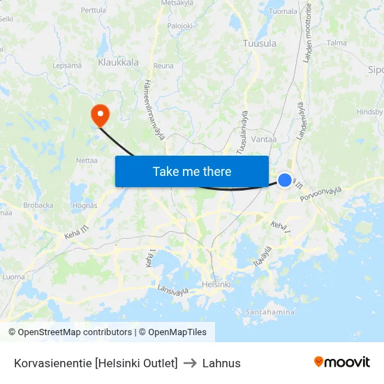 Korvasieni Road [Helsinki Outlet] to Lahnus map