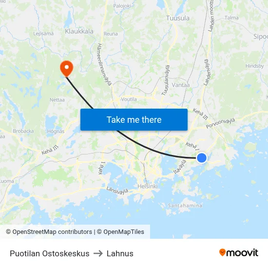 Puotila Shopping Center to Lahnus map
