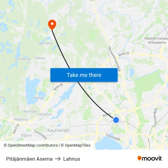 Pitajanmaki Station to Lahnus map