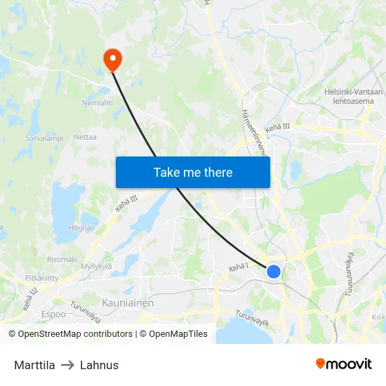 Marttila to Lahnus map