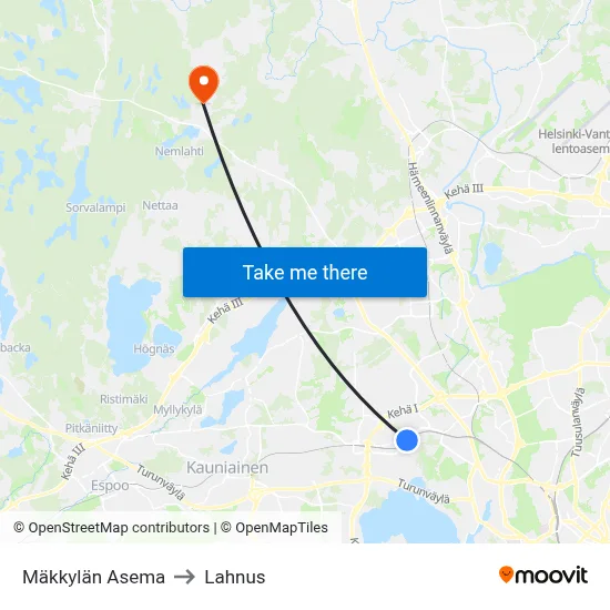 Mäkkylä Station to Lahnus map