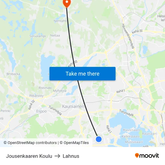 Jousenkaari School to Lahnus map