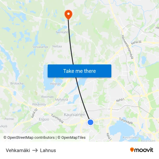 Vehkamaki to Lahnus map