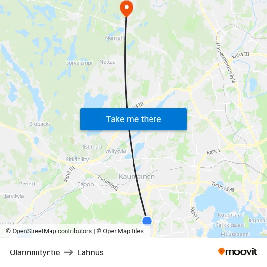 Olarinniitty Road to Lahnus map