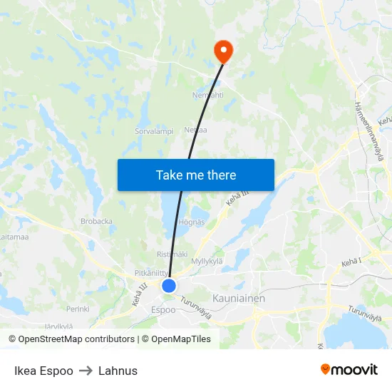 Ikea Espoo to Lahnus map