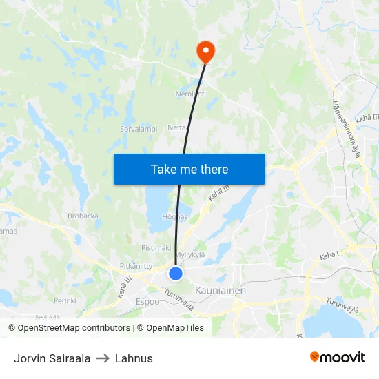 Jorvi Hospital to Lahnus map