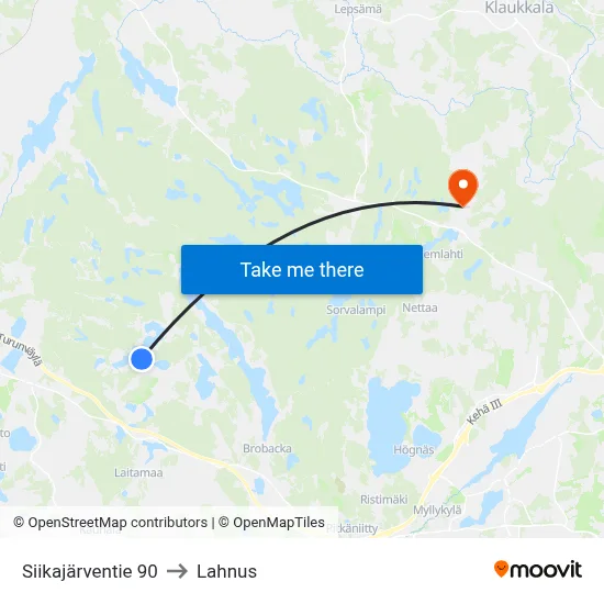 Siikajarventie 90 to Lahnus map