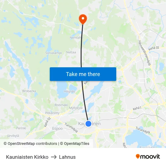 Kauniainen Church to Lahnus map