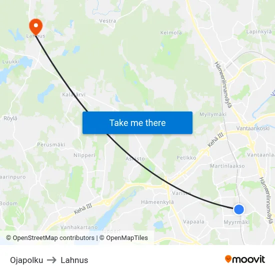 Ojapolku to Lahnus map
