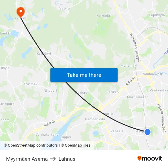 Myyrmäki Station to Lahnus map