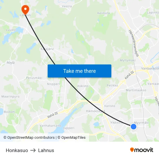 Honkasuo to Lahnus map