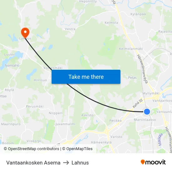 Vantaankoski Station to Lahnus map