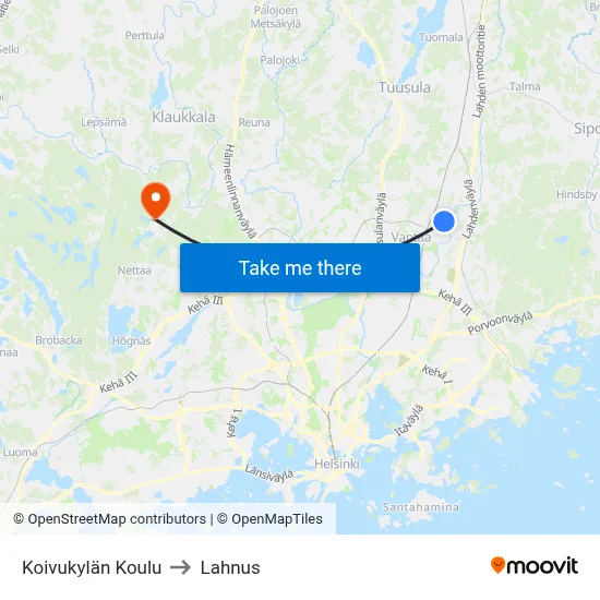 Koivukyla School to Lahnus map