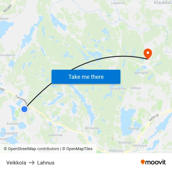 Veikkola to Lahnus map