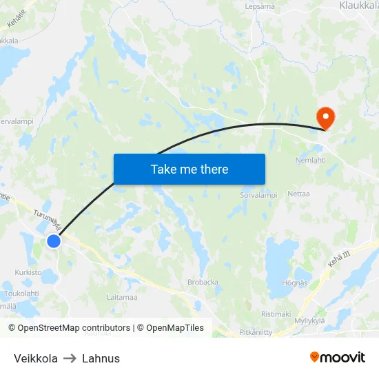 Veikkola to Lahnus map