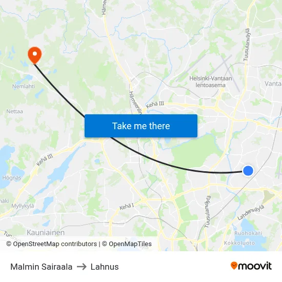 Malmi Hospital to Lahnus map