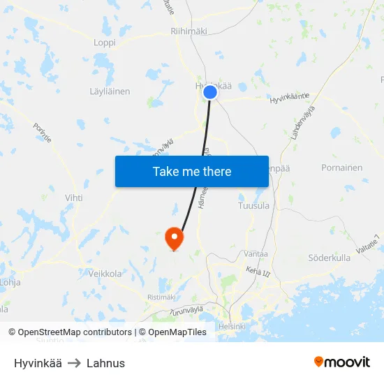 Hyvinkaa to Lahnus map