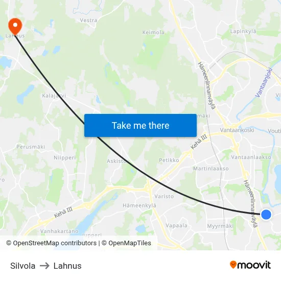 Silvola to Lahnus map
