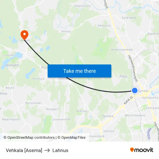 Vehkala Station to Lahnus map