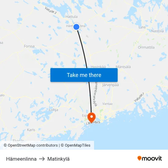 Hameenlinna to Matinkyla map