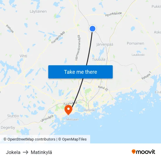 Jokela to Matinkyla map