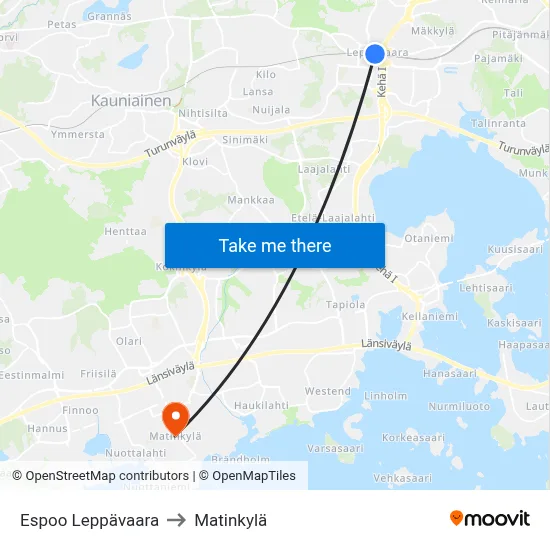 Espoo Leppävaara to Matinkyla map
