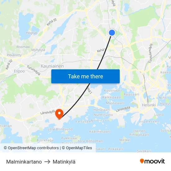 Malminkartano to Matinkyla map