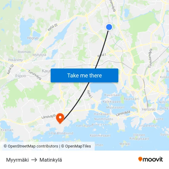 Myyrmäki to Matinkyla map