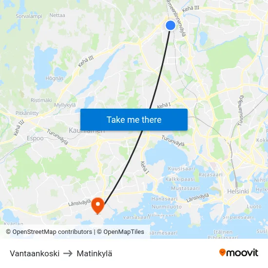 Vantaankoski to Matinkyla map