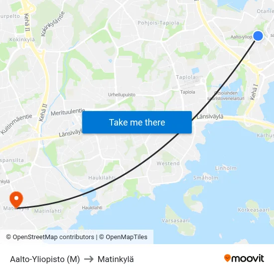 Aalto-Yliopisto (M) to Matinkylä map