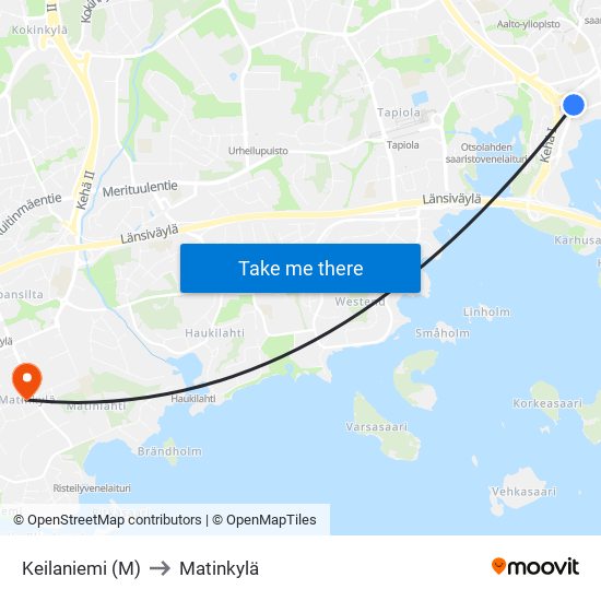 Keilaniemi (M) to Matinkylä map