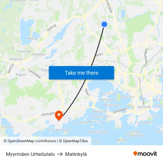 Myyrmäen Urheilutalo to Matinkylä map