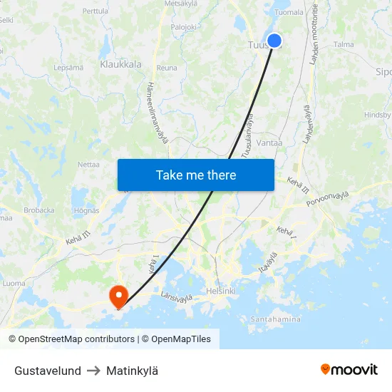Gustavelund to Matinkylä map