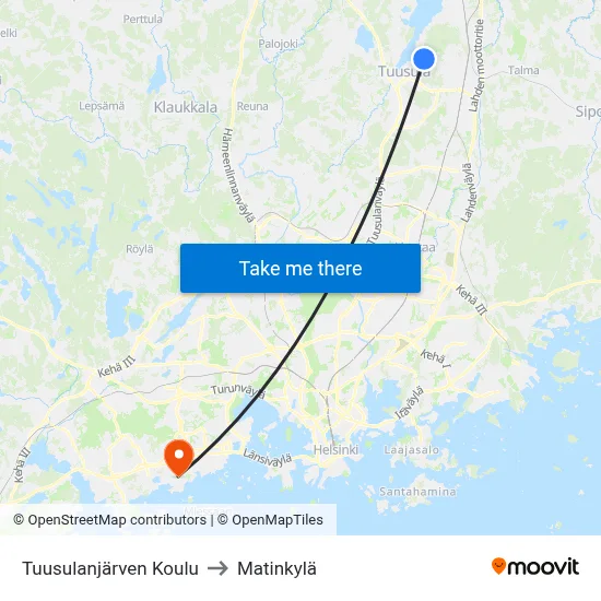 Lake Tuusula School to Matinkyla map