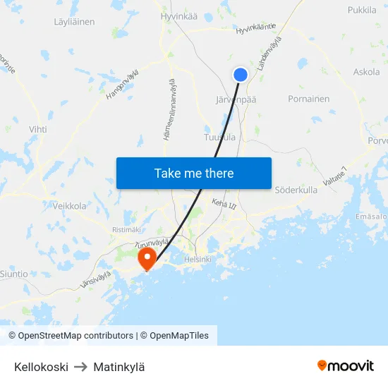 Kellokoski to Matinkylä map