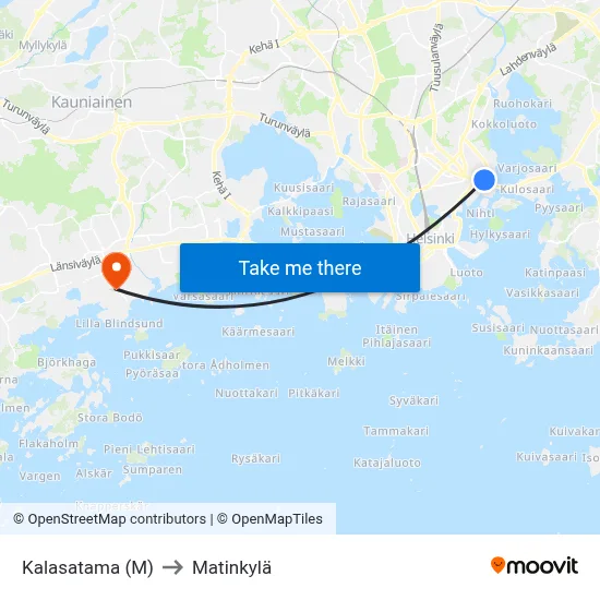 Kalasatama (M) to Matinkyla map