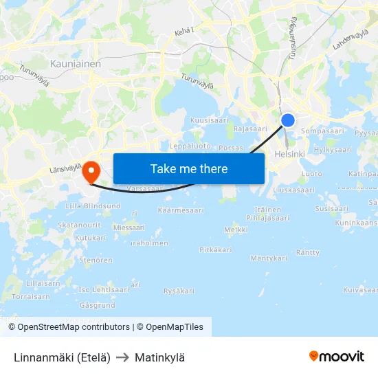 Linnanmaki (South) to Matinkyla map