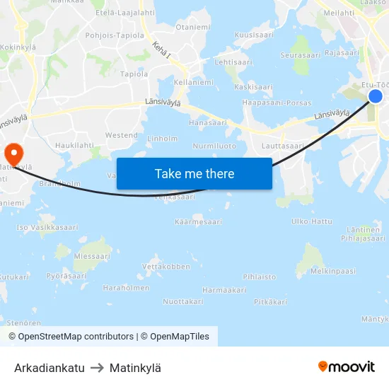 Arkadiankatu to Matinkylä map