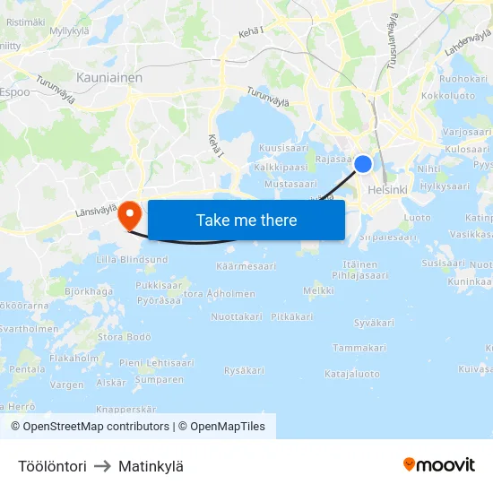 Töölöntori to Matinkylä map