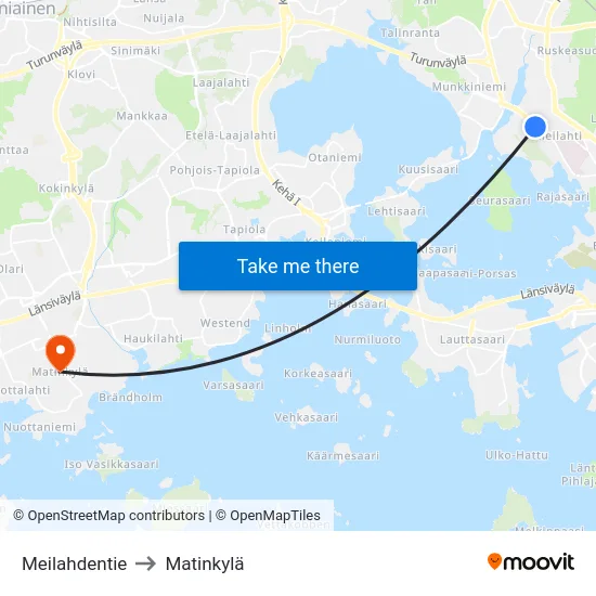 Meilahdentie to Matinkylä map
