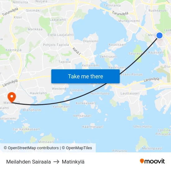 Meilahden Sairaala to Matinkylä map