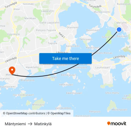 Mäntyniemi to Matinkylä map