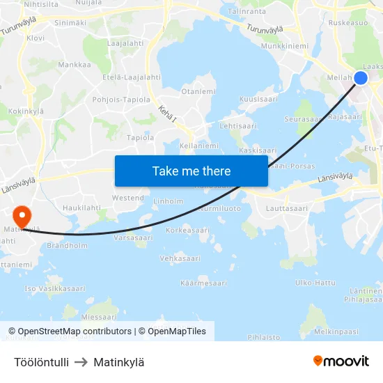 Töölö Toll to Matinkyla map