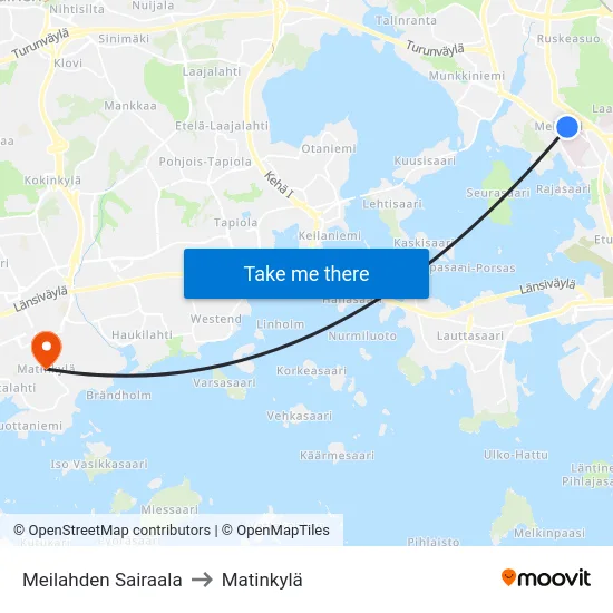 Meilahden Sairaala to Matinkylä map