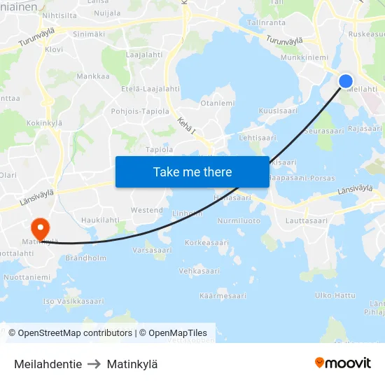 Meilahdentie to Matinkylä map