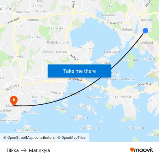 Tilkka to Matinkyla map