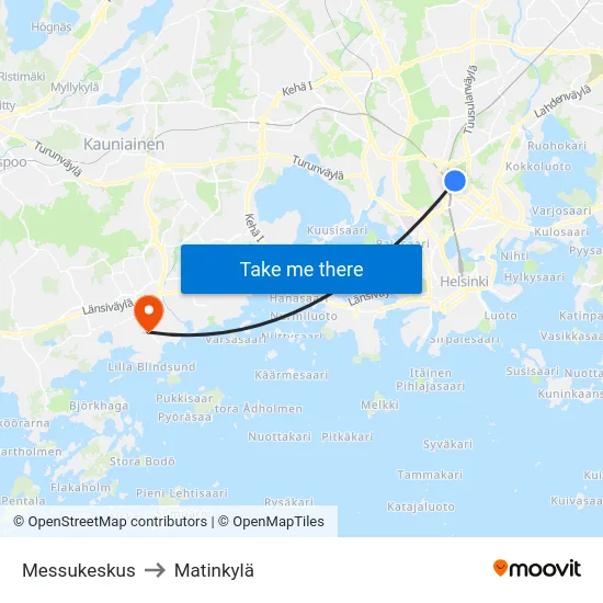 Messukeskus to Matinkylä map