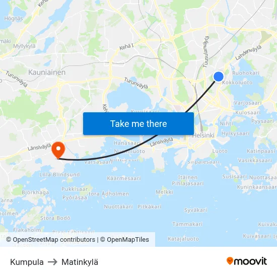 Kumpula to Matinkyla map