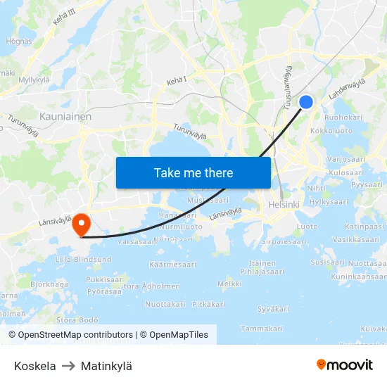 Koskela to Matinkylä map