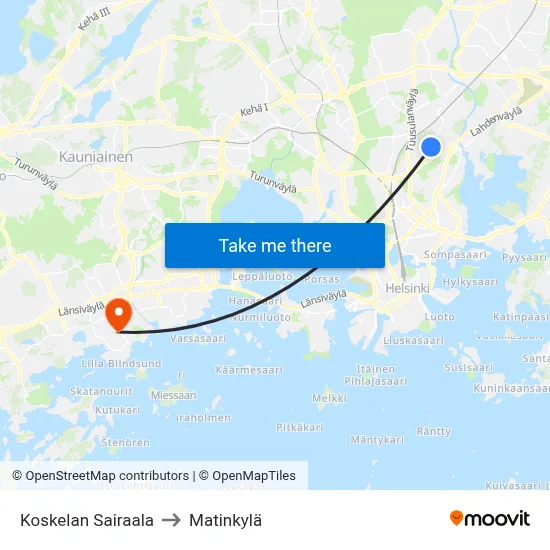 Koskela Hospital to Matinkyla map